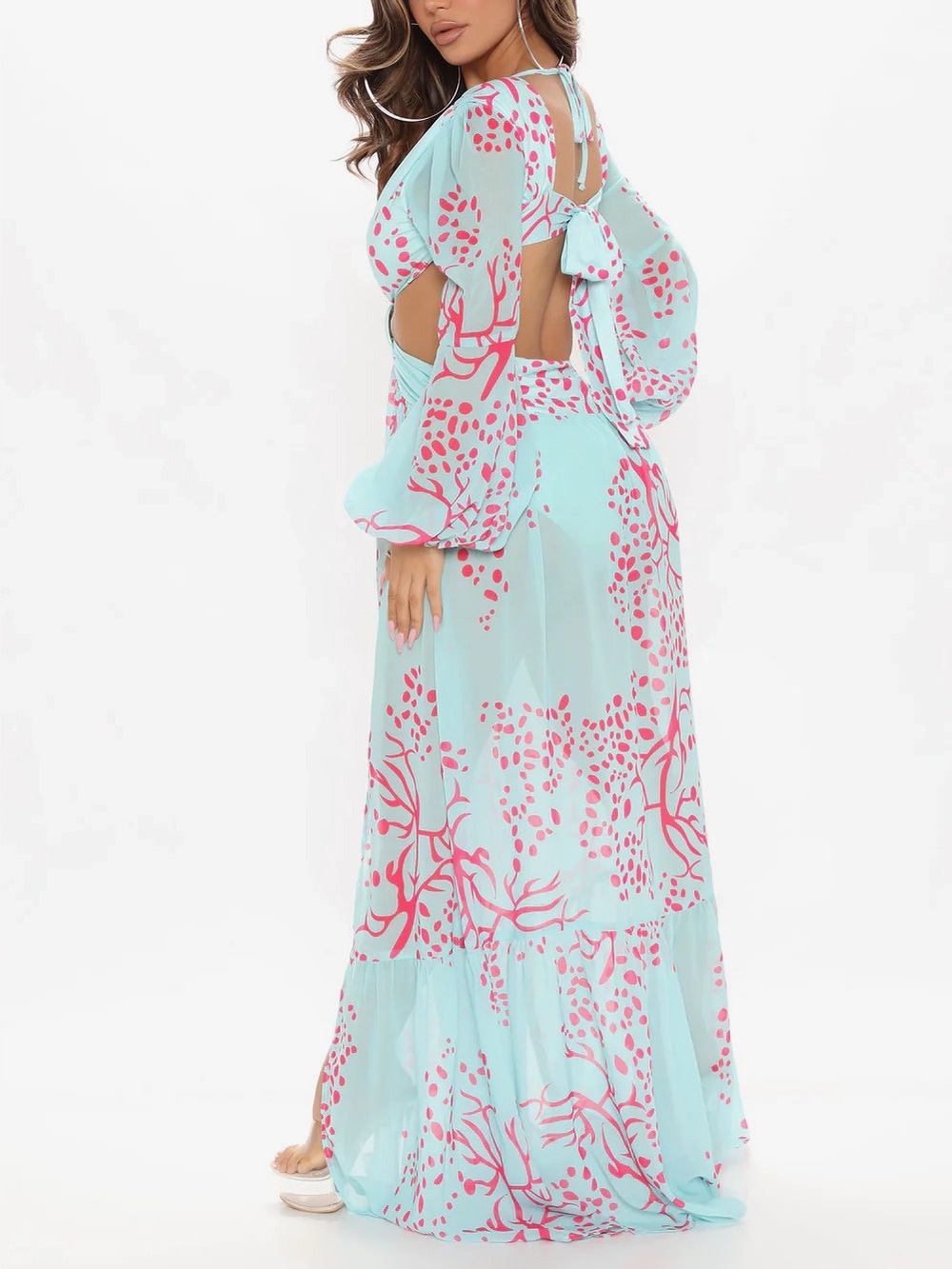 Fashion Nova Aqua Maxi Dress with Pink Floral Cutouts - Picture 2 of 4